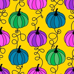 Autumn harvest vegetable seamless monster Halloween pumpkins pattern for wrapping paper and fabrics