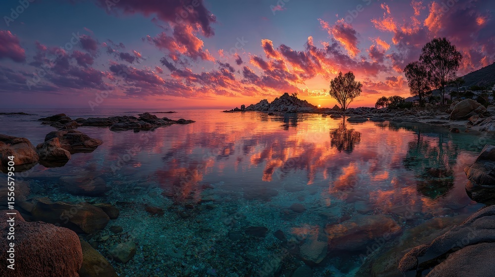 Poster serene lakeside view at dusk with colorful clouds and still water reflecting vibrant colors