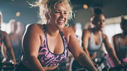 Smiling plus-size woman in a sports bra enjoys a group indoor cycling workout in a brightly lit gym, surrounded by other energetic participants. - Powered by Adobe