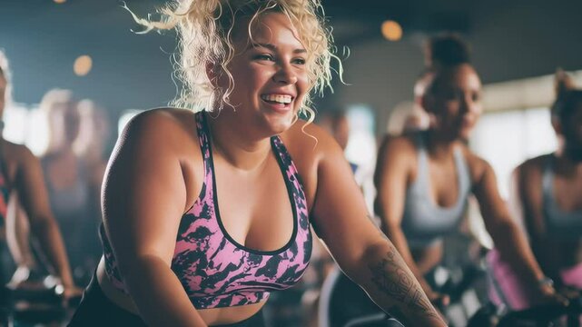 Smiling plus-size woman in a sports bra enjoys a group indoor cycling workout in a brightly lit gym, surrounded by other energetic participants.