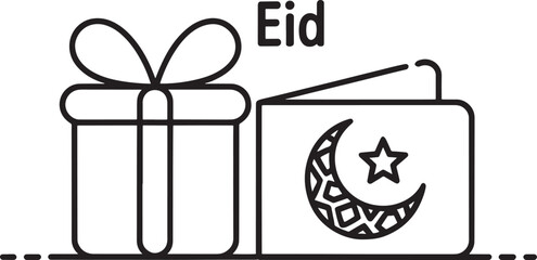 Black Line Art Gift Box Crescent Moon Star Eid Celebration Design white