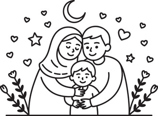 Black Silhouette Family Embrace Moon Stars Hearts Flowers Child Parents vector