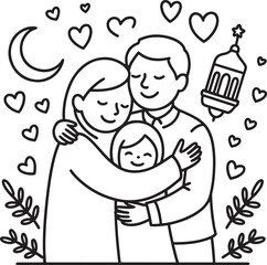 Black Silhouette Family Embracing Child Crescent Moon Hearts Lantern vector