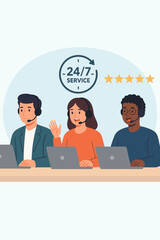 Customer service and support hotline concept. Diverse group of call center operators with headsets on laptops. 24/7 service icon and five star rating for best client experience.