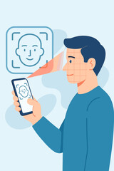 Face recognition concept with man using smartphone for biometric ID verification. Facial scan with laser grid for security access and authentication. Modern technology user identity vector.