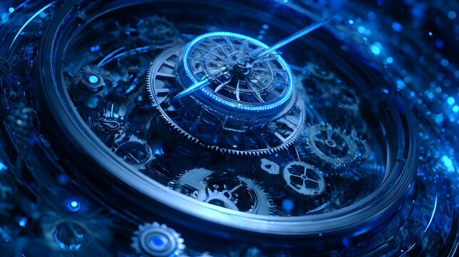 Cinematic high-res image of a glowing blue neon key mechanism symbolizing the secret of time. Concept:
time, cosmic mystery and futuristic exploration—ideal for sci-fi, concept art or visionary theme