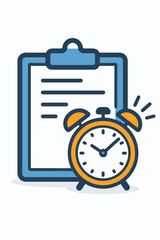 Time Management Schedule Icon. Clipboard with Alarm Clock. Deadline Reminder. Task Planning. Event Organizer. Express Document Processing. Productivity Concept. Flat Vector Illustration Isolated