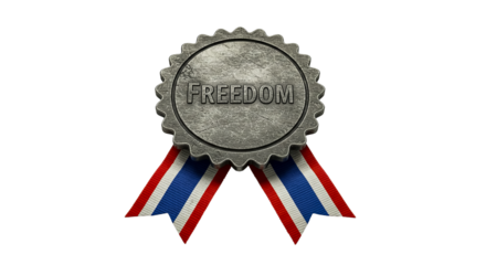 Silver medal with 'freedom' text and american flag ribbon