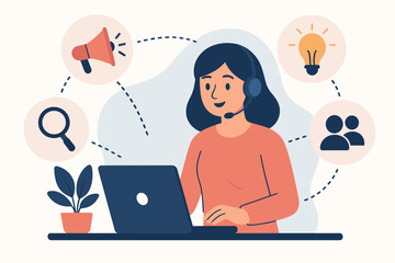 Remote Work Collaboration Concept. Online Assistant at Laptop with Headset. Virtual Team Communication, Idea Generation, Network Promotion, Business Solutions, Digital Manager Workspace Illustration