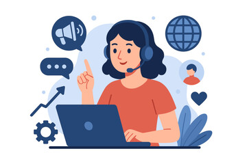 Online Customer Support Assistant Working Remotely with Headset and Laptop, Digital Communication, Network Promotion, Virtual Help Desk, Modern Flat Cartoon Vector Illustration