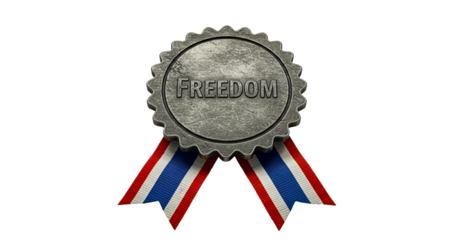 Silver medal with 'freedom' text and american flag ribbon