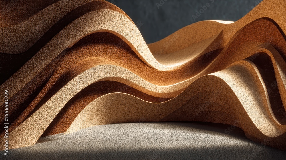Poster Abstract background with brown textured material layers forming wave patterns and curves, with a soft light creating a dramatic and organic composition