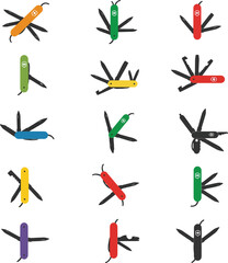 Dynamic vector illustration featuring a vibrant assortment of multi-tool pocket knives, commonly known as Swiss Army knives, perfect for camping, survival, and handyman projects.