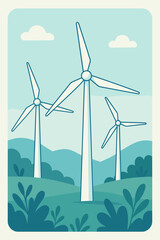 Wind Turbine Farm Vector Illustration. Renewable Energy Generation. Eco-Friendly Technology. Clean Green Power. Sustainable Environmental Resource. Modern Windmills in Countryside Landscape.