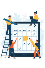Obraz premium Teamwork scheduling tasks online. Tiny people plan weekly agenda on digital calendar tablet. Business time management, project organization, daily planner, teamwork, deadline, productivity concept