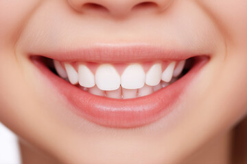 Fototapeta premium Close-up of a child's smile with clean white baby teeth. Perfect for dental care