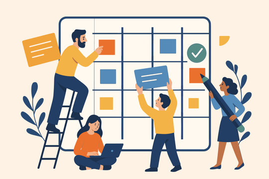 Teamwork project management concept. Business people planning schedule, organizing tasks, workflow collaboration, deadline tracking, team communication, flat vector illustration, office productivity