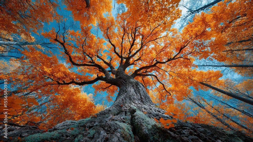 Poster looking up at a towering tree with orange leaves in an autumn forest during the day