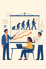 Business Team Analyzing Evolution Growth Chart, Office Workers Studying Infographic, Corporate Presentation, Data Analysis, Progress, Success Strategy, Modern Flat Vector Illustration