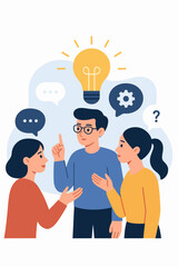 Team brainstorming session, creative collaboration, problem solving, idea generation, group discussion, teamwork, innovation, business communication, modern flat vector illustration