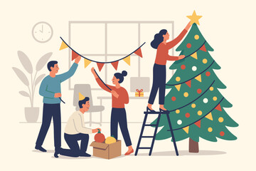 Office Christmas Party Preparation Scene. Team Decorating Christmas Tree, Hanging Garlands, Arranging Ornaments. Corporate Holiday Celebration, Festive Workplace, Colleagues in Modern Flat Style