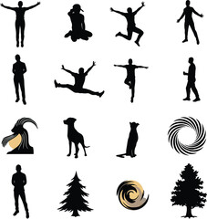 Comprehensive vector illustration showcasing a versatile collection of black silhouettes, including dynamic human poses, animals, and natural elements, ideal for diverse design projects.