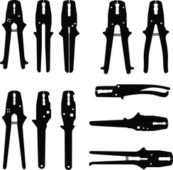 Comprehensive vector illustration showcasing various wire strippers and crimping tools in sleek black silhouettes, essential for electrical work, DIY, and handyman design projects.