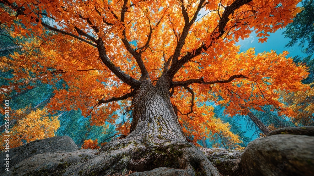 Aufkleber looking up at a towering tree with orange leaves in an autumn forest during the day
