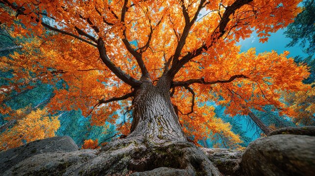 Looking up at a towering tree with orange leaves in an autumn forest during the day - Powered by Adobe