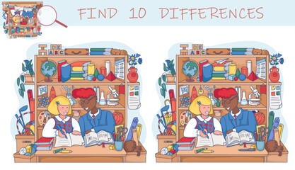 Student in the classroom. Find the differences in the picture. Girl and boy are sitting on a school bench and studying. Lesson. Funny cartoon character. Sketch vector illustration