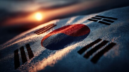 Detailed textured close up on the fabric and pattern of the Taegeukgi National Flag of South Korea with a dark, moody, and dramatic lighting effect