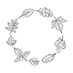 Wreath frame of outline autumn leaves, neatly arranged in a circle on a white background. Minimalistic style, perfect for decorating cards, prints, packaging. Seasonal design.