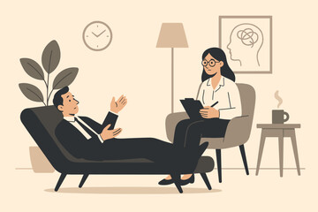 Psychotherapy session with psychologist and businessman patient. Man lying on couch talking about stress and burnout. Mental health care, professional counseling, psychology support.