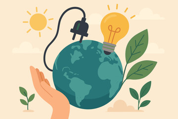 World Earth Day concept vector illustration. Hand holding planet Earth with a lightbulb and plug. Save energy and protect the planet. Ecology and sustainability cartoon design for Earth Hour.