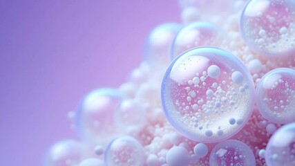 Transparent liposomes with pearl active ingredients on purple background, cosmetic delivery system, skincare formulation, biotechnology, pharmaceutical research