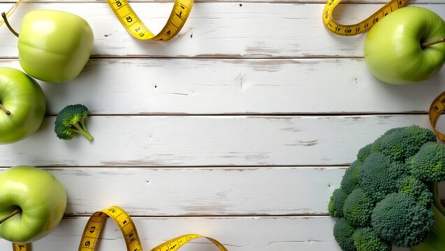 Fresh Green Apples and Broccoli with Measuring Tape on Wooden Surface