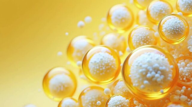 Golden exosomes with encapsulated active components on bright yellow background, skincare biotechnology, cosmetic therapy, anti aging dermatology research