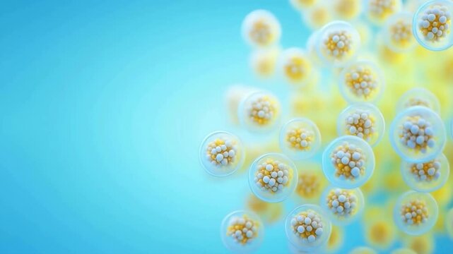 Liposomes with active ingredient particles on blue background, skincare delivery systems, cosmetic formulation technology, pharmaceutical research, dermatology innovation