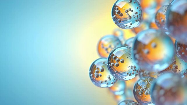 Cosmetic active ingredient molecules with golden particles in transparent spheres on blue background, skincare innovation, cosmetology, anti aging therapy