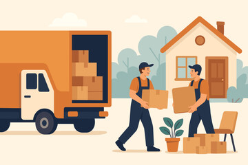 Moving service vector illustration. Professional movers carrying boxes, loading moving truck, delivering furniture and plants to new house. Relocation, home moving, transportation, delivery concept