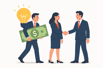 Obraz premium Business investment teamwork concept. Investor funding creative ideas. Successful team partnership. Businesspeople shaking hands, holding money and light bulb. Financing innovation, startup project.