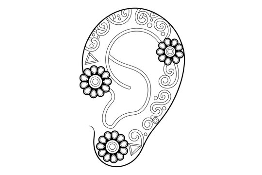 Ornate ear with decorative flowers and tribal patterns.
