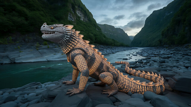 Large lizard-like creature by a river, mountain backdrop.
