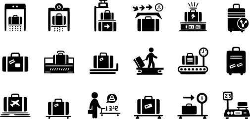 Luggage screening icons set. Colorful icons depicting various aspects of airport luggage handling, including security checks, baggage claim, and weight measurement