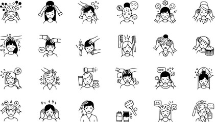 Obraz premium Head massage icons set. Hairdressers massaging clients' scalps, using brushes, combs, and other tools, promoting relaxation and hair health 