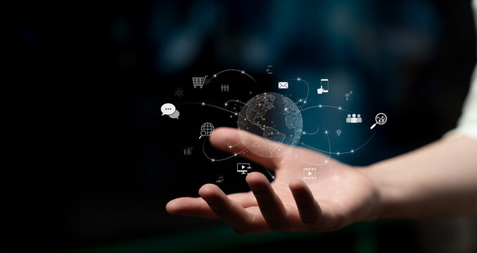 Visualization of global digital communication and online across multiple platforms, including global network, digital network, communication network, and online network. Latch