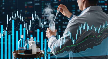 Man scientist mixing smoking chemicals in a beaker with a dropper. Innovation and research. Digital financial stock market data analysis.