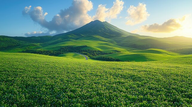 Lush green fields meet rolling hills under a vibrant sky.