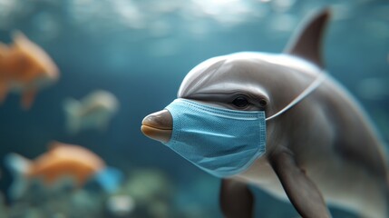 Fototapeta premium Dolphin wearing a medical mask swimming through polluted ocean filled with plastic and debris, dark realistic scene highlighting environmental crisis