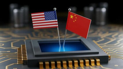 American and Chinese Flags on a Microchip - Powered by Adobe